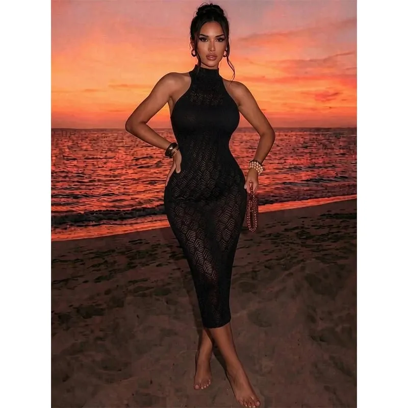 Women Bodycon Dress Without Underwear Hollow Out Beachwear Sheer Mesh Fishnet See Through Music festival Swimsuit