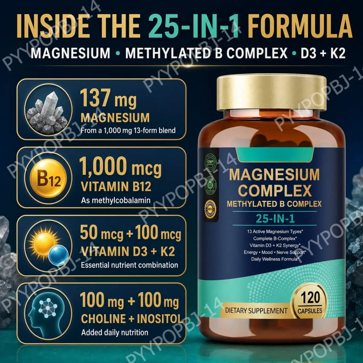 25-in-1 Magnesium Complex with Glycinate Citrate Malate Vitamin D3 K2 B12 Methylfolate for Relaxation Energy Nerve 120 Capsules