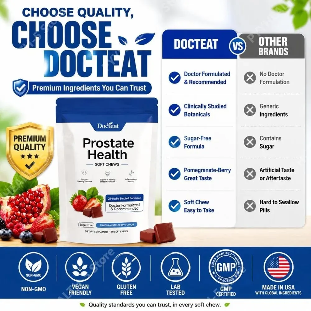 Docteat Prostate Health Soft Chews Sugar-Free with Vitamin C Zinc and Selenium for Immune System Balance 60 Soft Chews