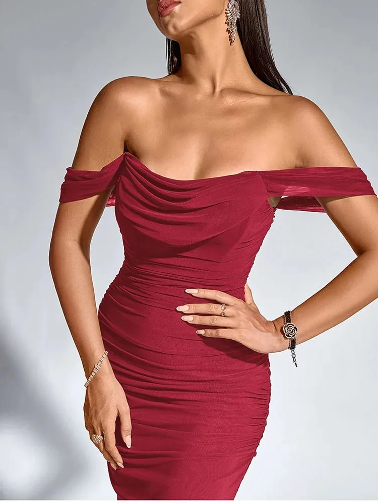 NewAsia Women's Off Shoulder Ruched Mesh Long Corset Dress Backless Fishbone Bodycon Elegant Fashion Party Club Maxi Dresses — image 6