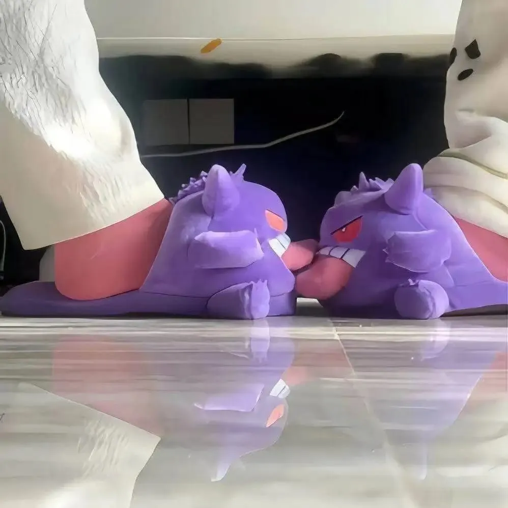 Novo gengar anime figura chinelos de pelúcia engraçado língua para fora design sola macia bonito aconchegante inverno quente interior casal casa chinelos brinquedo