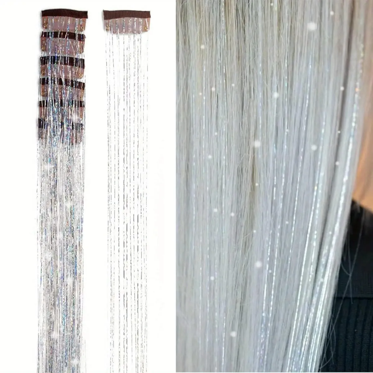 6Pcs Synthetic Hair Tinsel Clip in 20Inch Glitter Tinsel Hair Clip in Hair Tinsel Kit Heat Resistant Shiny Sparkle Fairy Hair