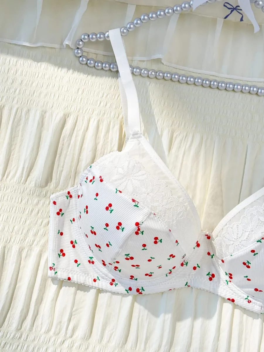 Plus Size Women Cherry Pattern Lace Underwire Bra And Panty Set Adjustable Straps Soft Unpadded Breathable Lingerie Set
