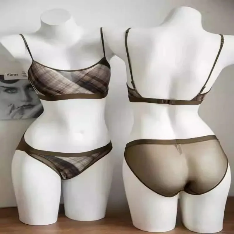 Women American Retro Plaid Intimates Set Thin Push Up Bra Anti Sagging Armpit Fat Support Comfort Everyday Wear