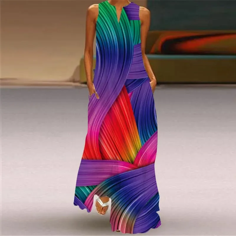 Women Dresses 2026 New summer wear sleeveless long dress V-neck printed emerald flower dress women's clothing vestidoes