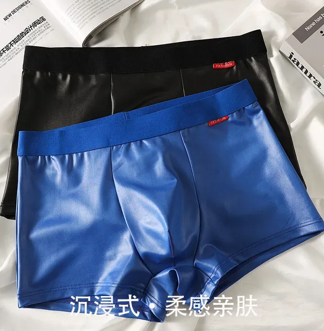Läderimitation Underkläder Sexiga Slim Fit Boxershorts för män Koreansk Youth Bugle Pouch Undepant Bekväm Sport Trunk Stretch
