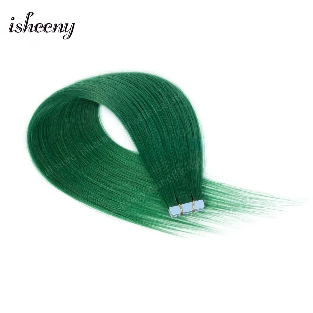 Isheeny 12' 16' 20' Tape In Hair Extensions Invisible Adhesive Tape In Hair Extension 10pcs/pack Pink Purple Blue Colorful Hair