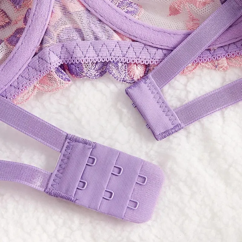 Purple Sexy Lingerie for Women Sets Lace Embroidery 2 Piece Underwear Set Sheer Mesh Bra and Panty Set with Underwire