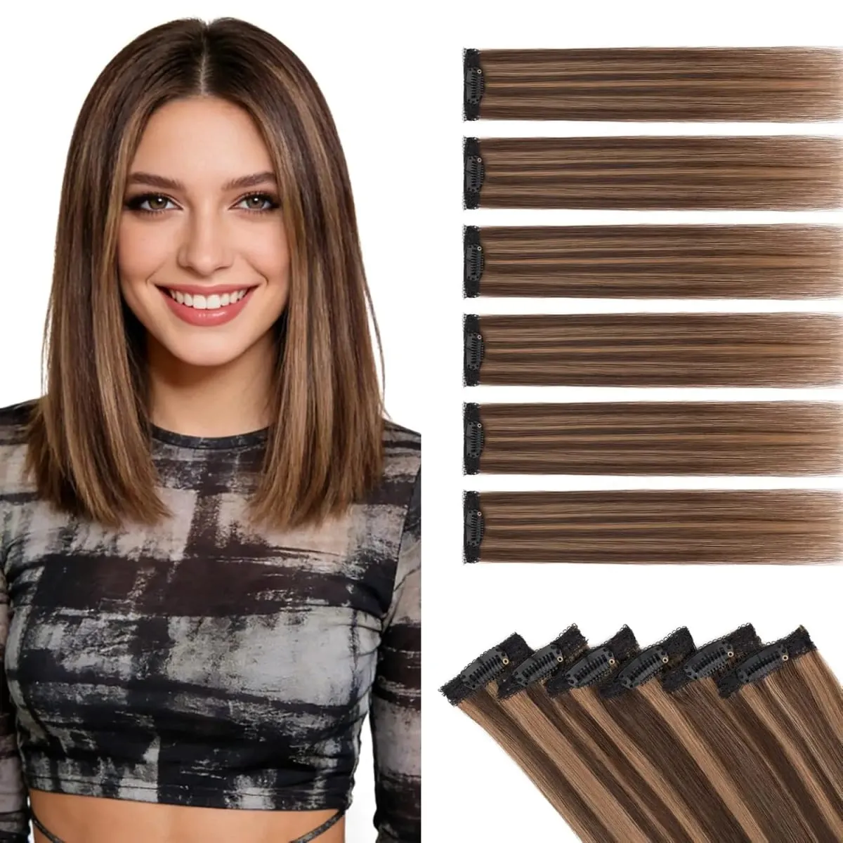 6PCS 6 Clips In Synthetic Hair Extensions Black Color Dark Blonde Short Straight Highlights Hairpin Hairpiece For Women