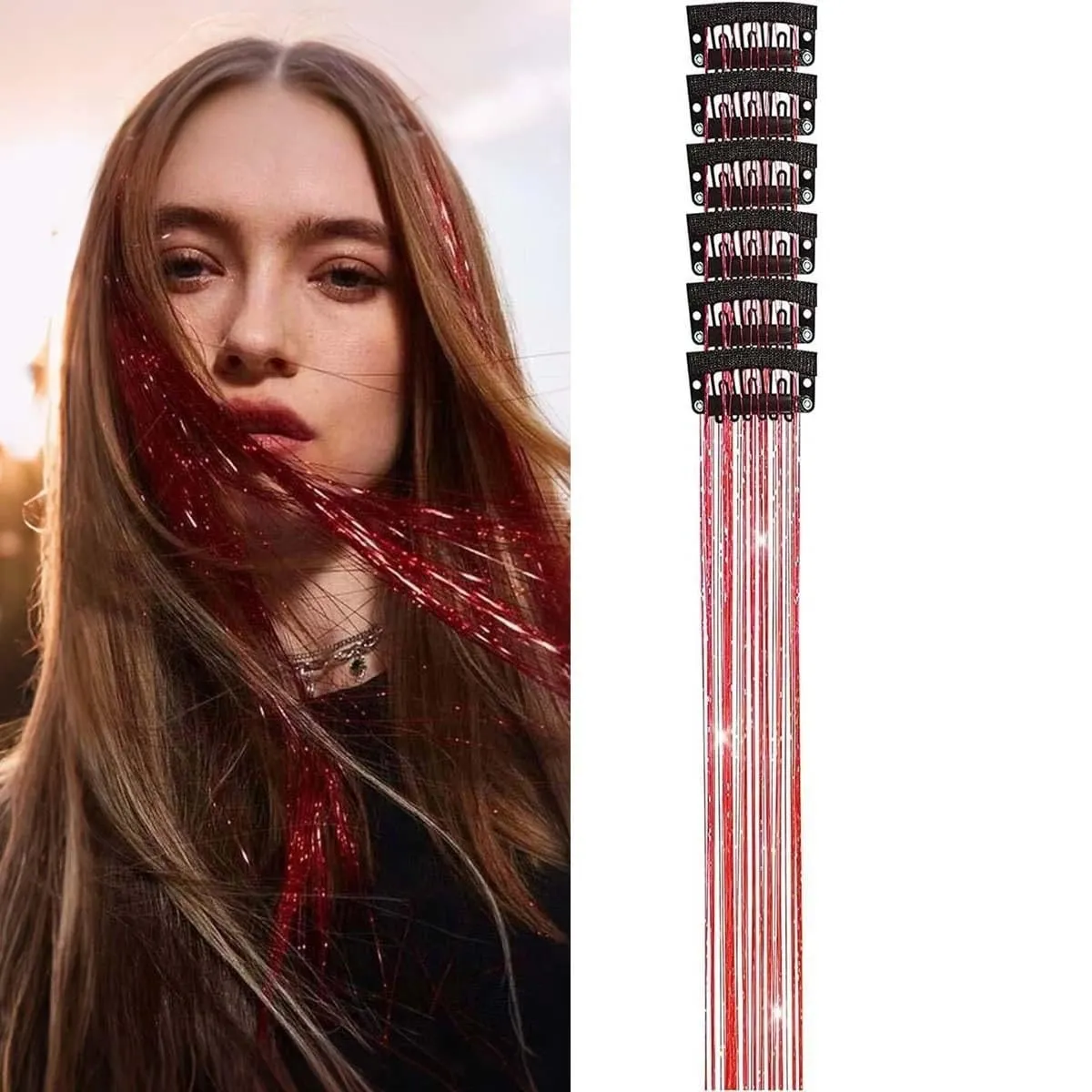 Hair Tinsel Pack of 6 Pcs Hair Tinsel Clip in Glitter Tinsel Hair Extensions Synthetic Hair Tinsel Kit Party Festival Fairy Hair