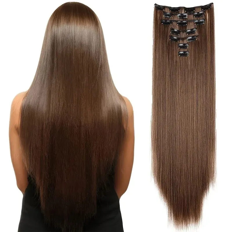 24Inch Synthetic 7pcs/set Long Straight Clip in Hair Extensions Invisible Fake Clips on Hairpieces for Women Party Daily Use