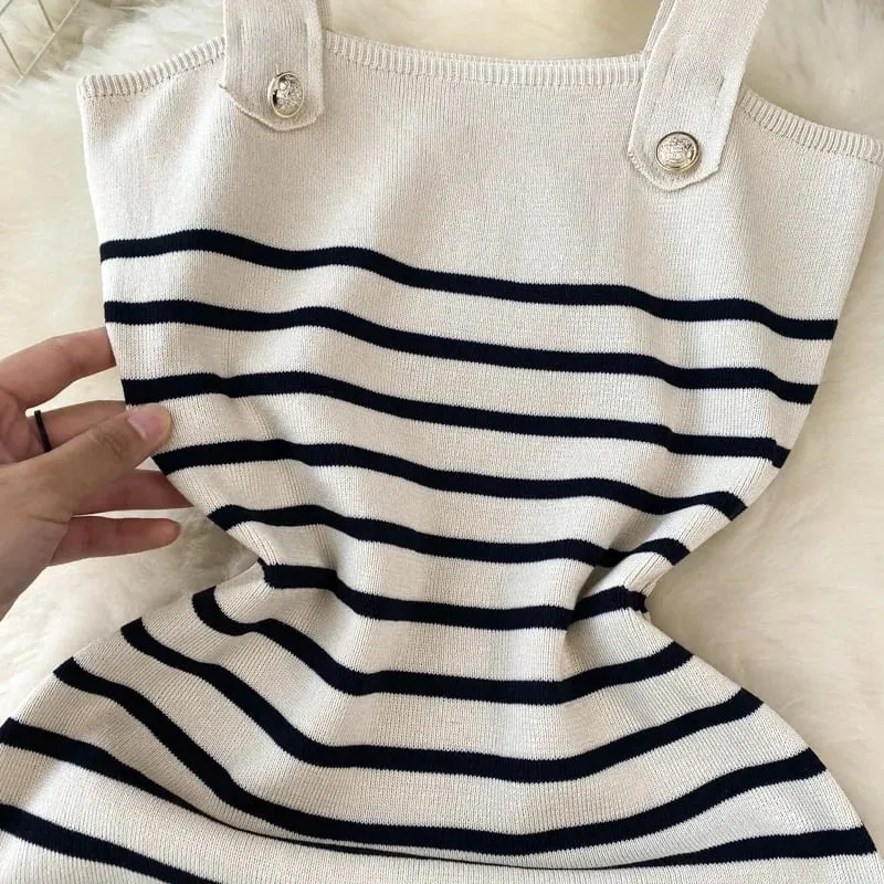 Women Striped Knit Sling Dress Blue White Wide Strap Metal Button Slim Fit Bodycon Mini Casual Summer Vacation Lady All Season