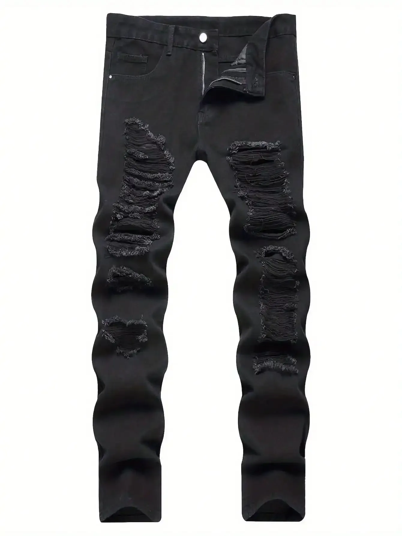 Single piece of trendy streetwear: straight-cut ripped denim jeans in black.