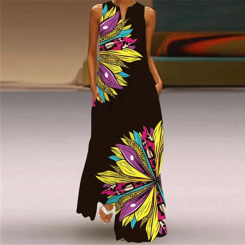 Women Dresses 2026 New summer wear sleeveless long dress V-neck printed emerald flower dress women's clothing vestidoes