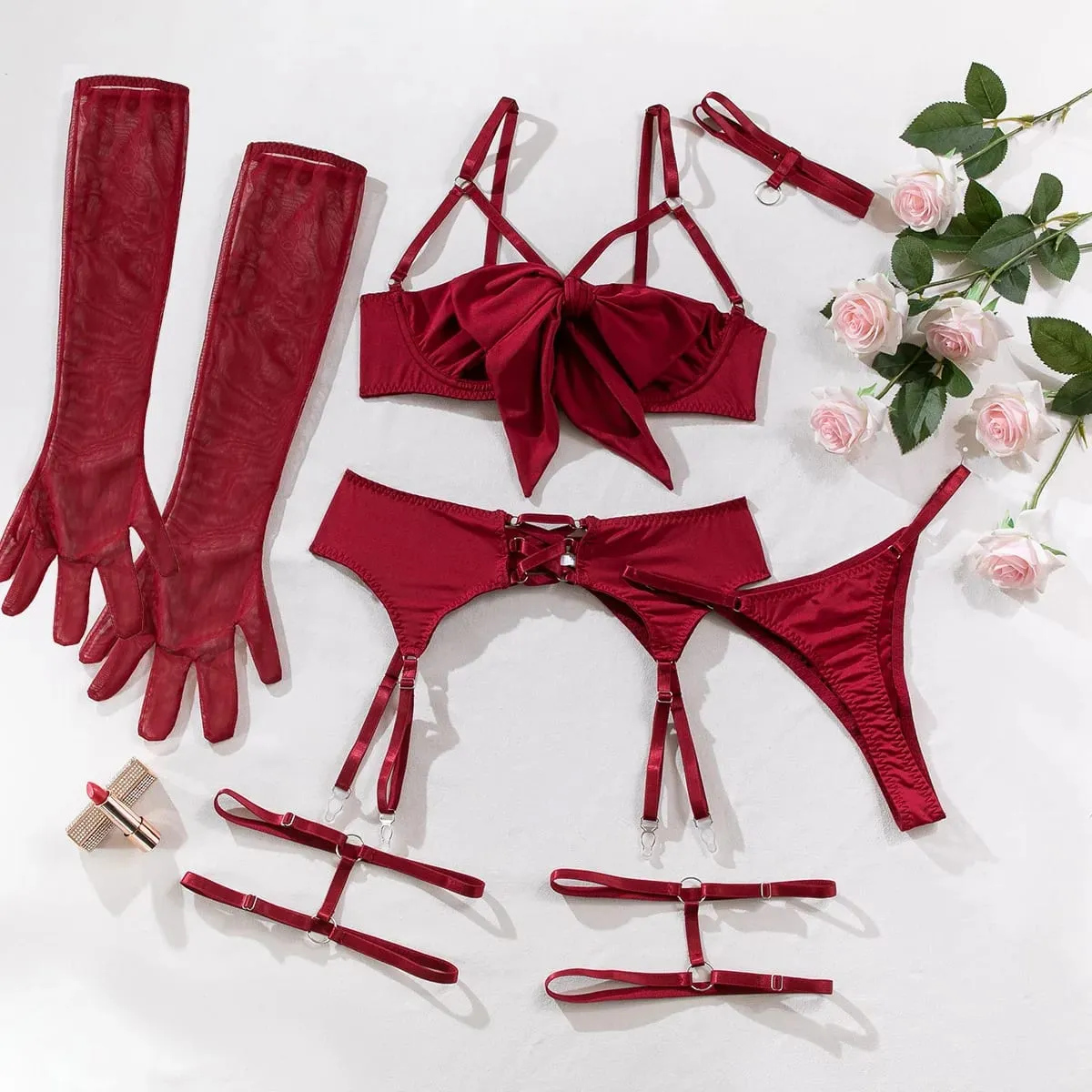Women 4 Piece Sexy Lingerie Set Hollow Out Gathered Push Up Bra Bow Decor Waist Belt Black Matching Underwear Sleep Nightwear