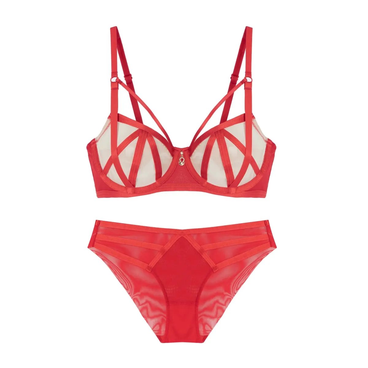 Women Strappy Mesh Lingerie Set Underwire Bra Panty Set Metal Pendant Sheer Intimate Underwear For Women Daily Nightwear