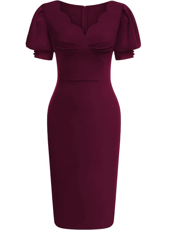 Women Elegant Cutout V-Neck Puff Sleeve Vintage Slim Work Office Cocktail Party Business Sheath Bodycon Pencil Dress