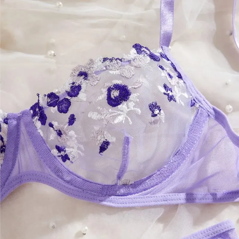 Beha Transparante Dame Bloemen Borduren Lingerie Set Vrouwen Pure Bh En Korte Ondergoed Set Satijnen Sexy Intimi Ondergoed