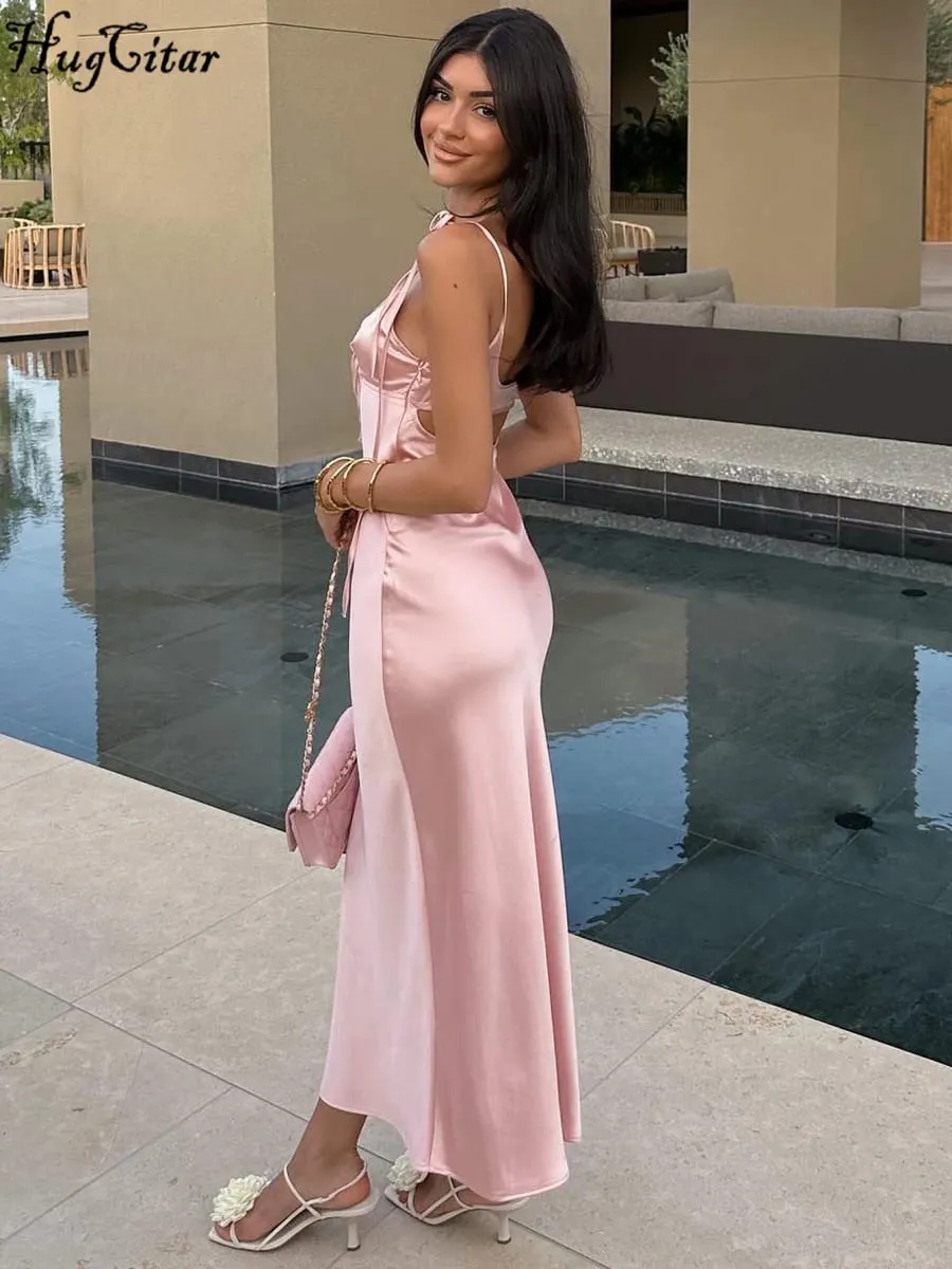 Hugcitar Col en V Solide Slips Dos Nu Évider À Lacets Sexy Moulante Maxi Robe De Bal D'été Femmes Tenues Élégantes Fête D'anniversaire