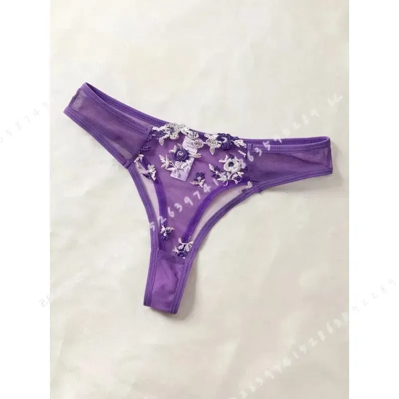 Purple Fancy Lingerie Set Women Embroidered Flower Bra and Panty Underwear Female Outfits