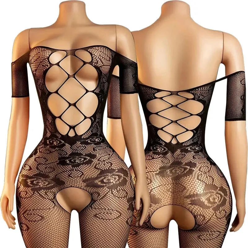 Black Fishnet Off-Shoulder Open-Crotch Bodystocking Lingerie Set Sexy Crotchless Teddy Bra Women's Erotic Underwear 2026