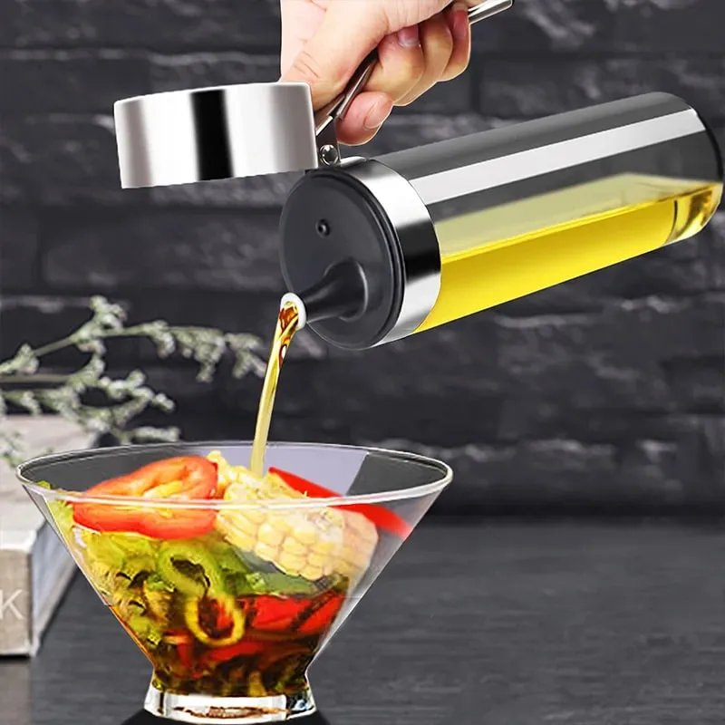 Leakproof High Borosilie Glass Oil Bottle with Stainless Steel 304 Cap Kitchen Soy Sauce Vinegar Seasoning Jug No Oil Stain