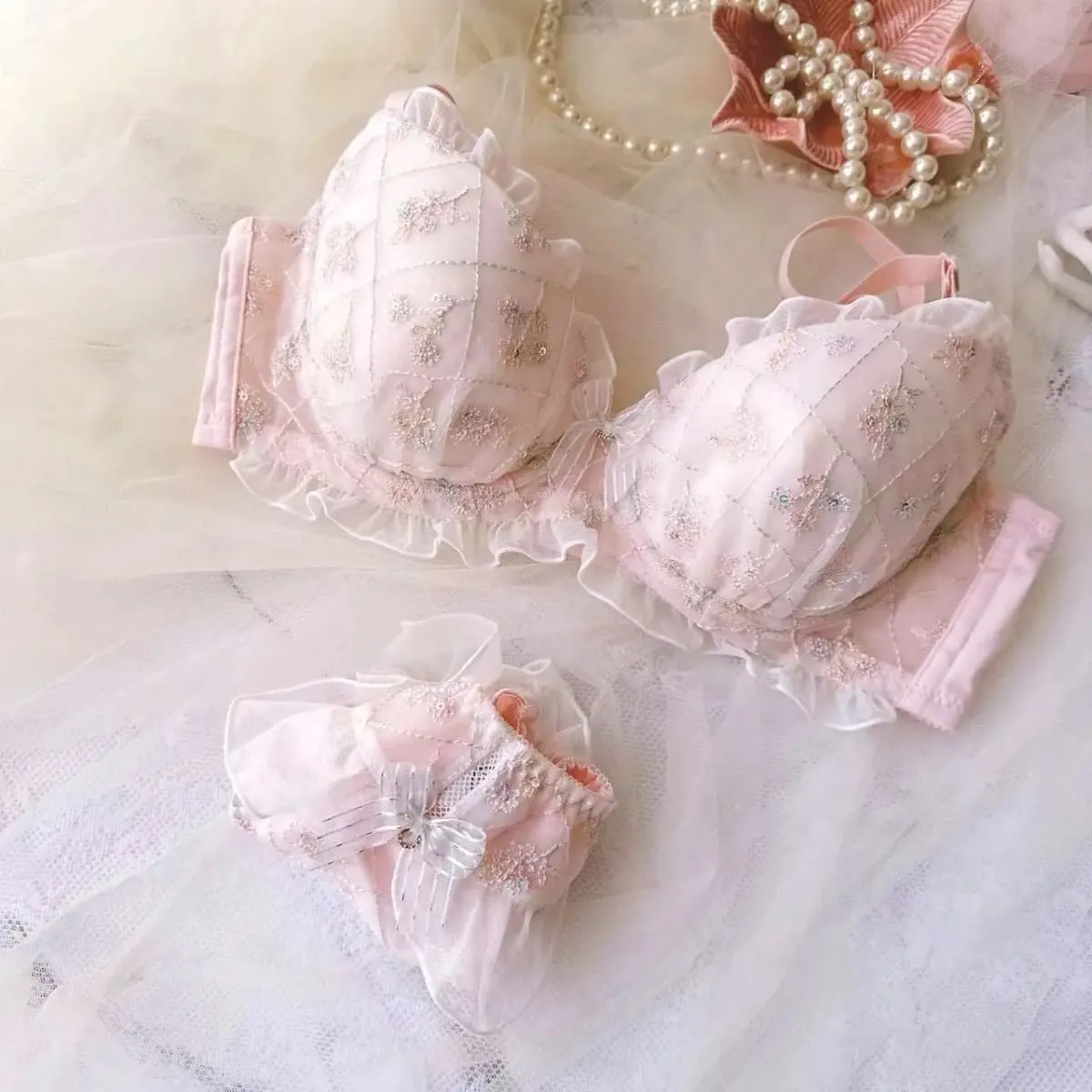 Soutien-gorge brodé push up pour femmes, bonnets fins, style collégial, pour étudiantes, filles, mignon, rassemblé, sous-vêtements sexy, ensemble de soutien-gorge