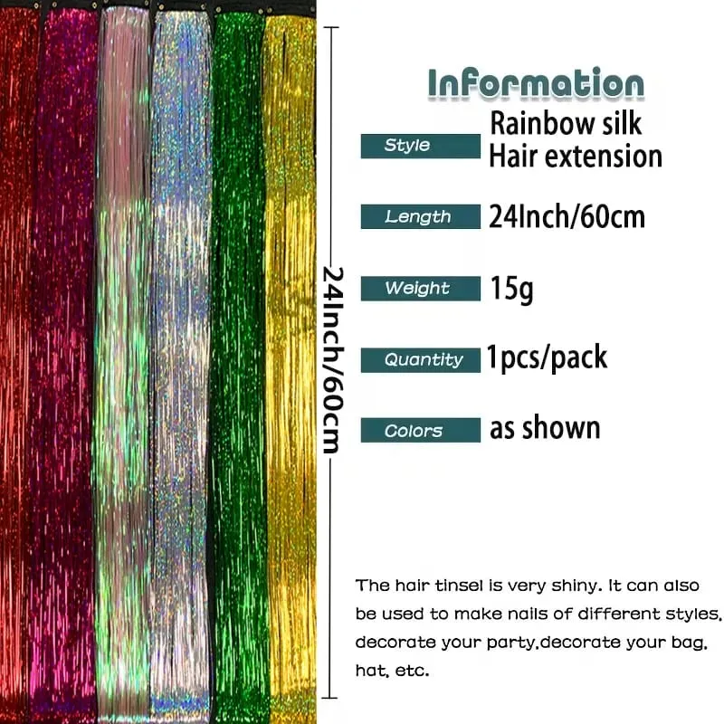 24Inch Synthetic Hair Tinsel Clip In Glitter Tinsel Hair Extensions Clip In Sparkle Hair Accessories para sa mga Babae na Babae