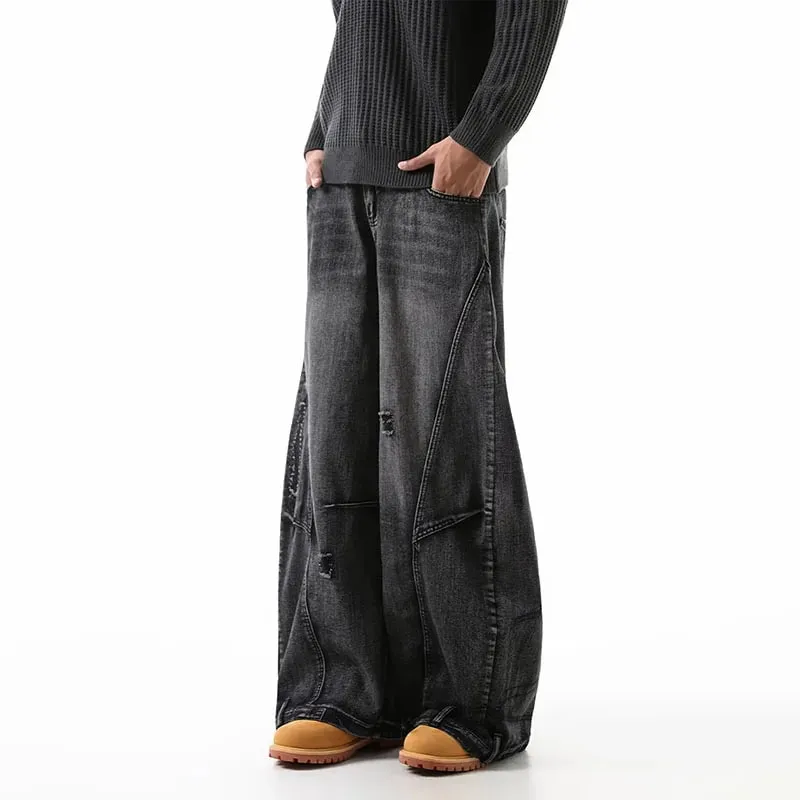Korean Retro Plus Size Ripped Jeans Men'S Wide Leg Curved Pants Fashionable Casual Loose Straight Leg Pants