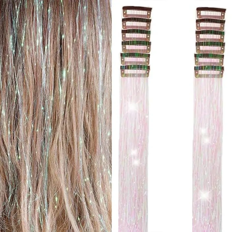 12Pcs Clip in Hair Tinsel Kit Red Hair Tinsel 22Inch Tinsel Hair Extensions Christmas Hair Tinsel Party Festival Accessories