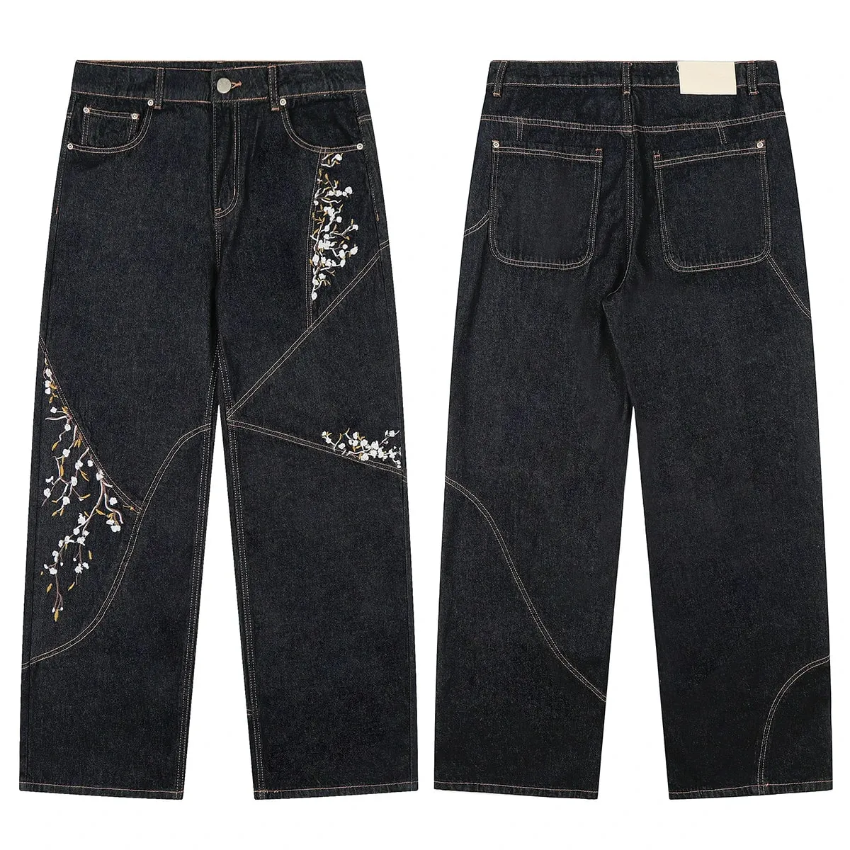 High Street Flower koi Fish Embroidery Baggy Jeans Pants for Men and Women Pantalones Hombre Straight Denim Trousers Oversized