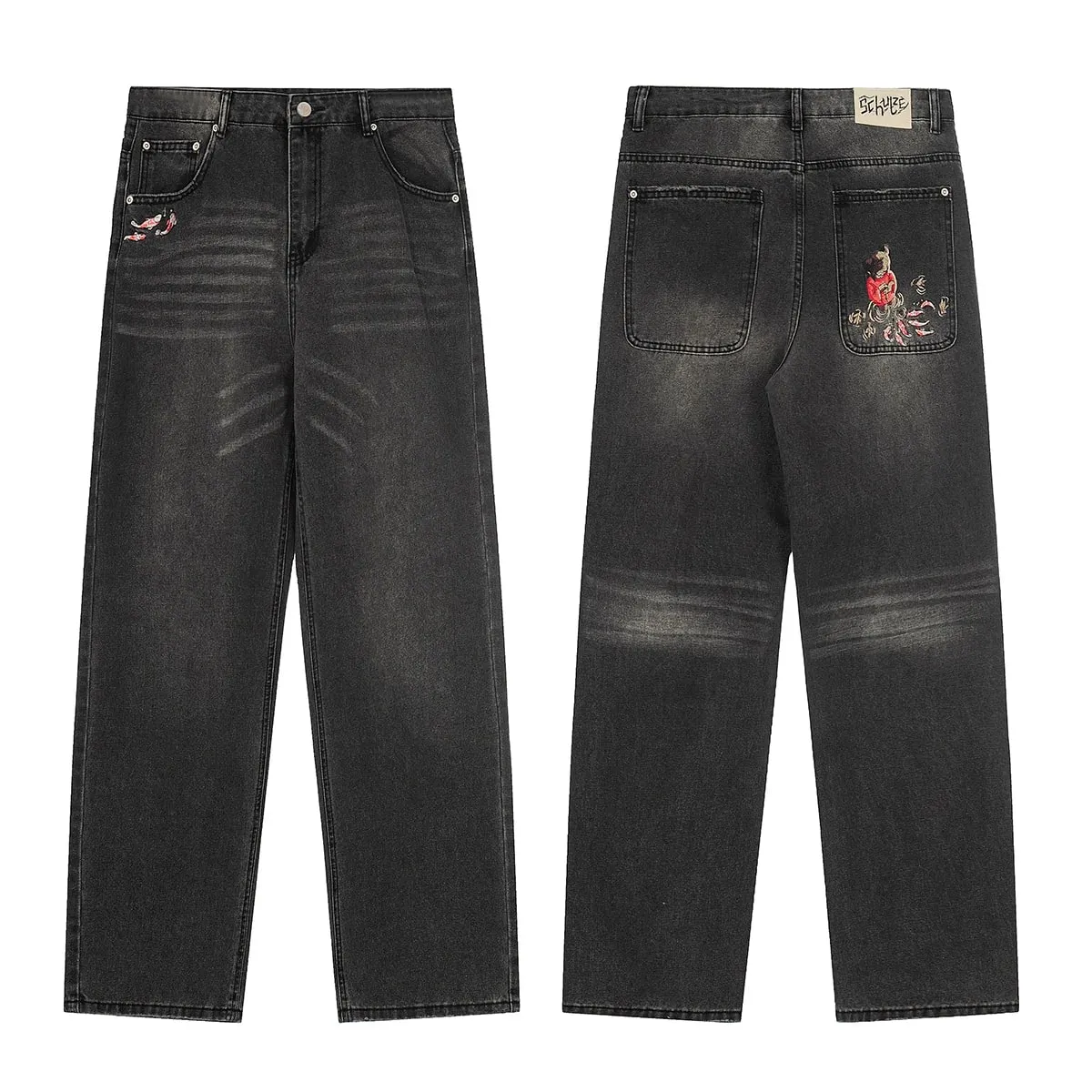 High Street Flower koi Fish Embroidery Baggy Jeans Pants for Men and Women Pantalones Hombre Straight Denim Trousers Oversized