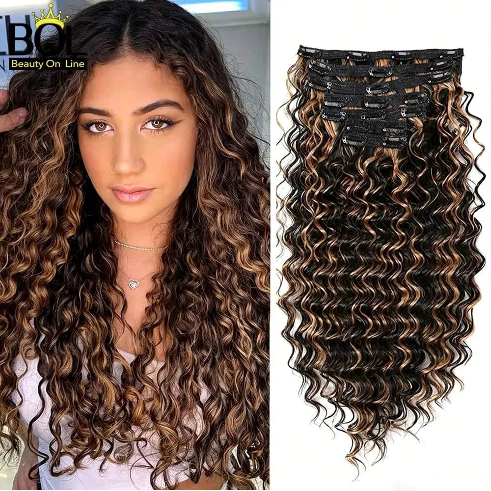 24Inch Synthetic Deep Wave Clip In Hair Extensions 7Pcs/Set 140g Fake Hair Full Head Hairpiece Curly Clip Ins Hair For Women