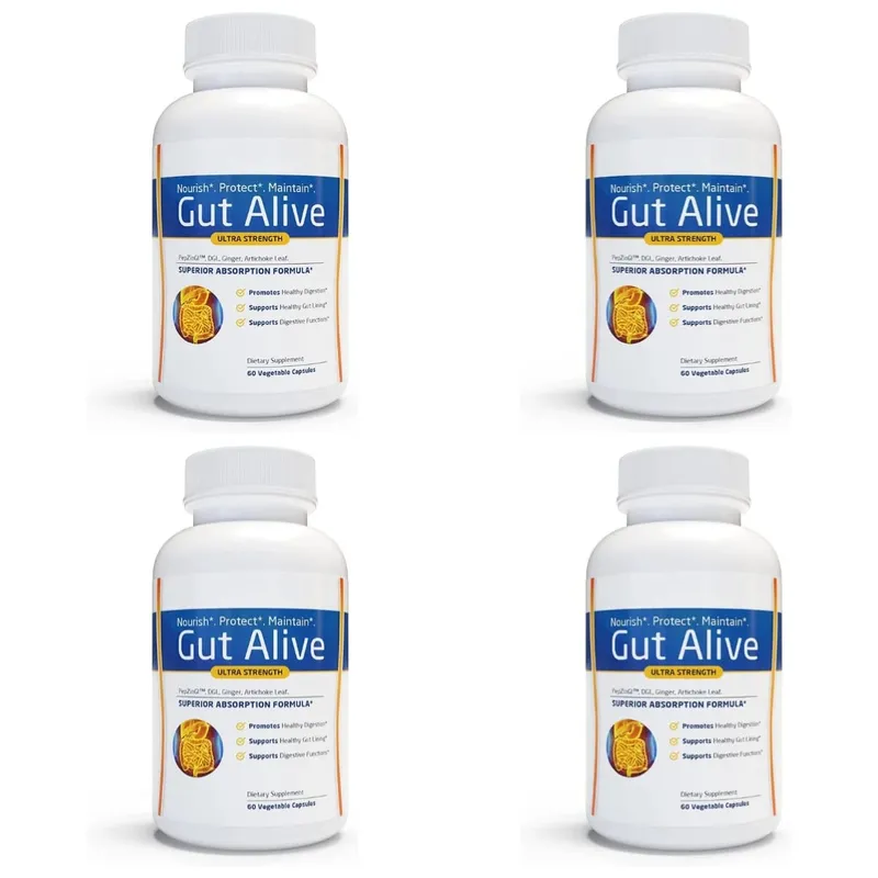 Gut Alive - All Natural Support to Fight IBS Heartburn Acid Indigestion Acid Reflux Bloating & Gas Unique Formulation 60 Count