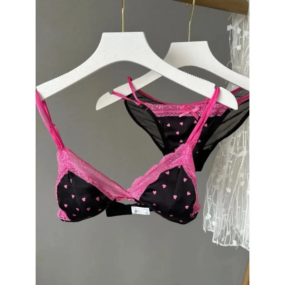 Elegant French Sweet Satin Lace Triangle Bra Pure Sexy Coquette Look Wirefree Small Bust Gathered Effect Thin Cup Bow Lingerie