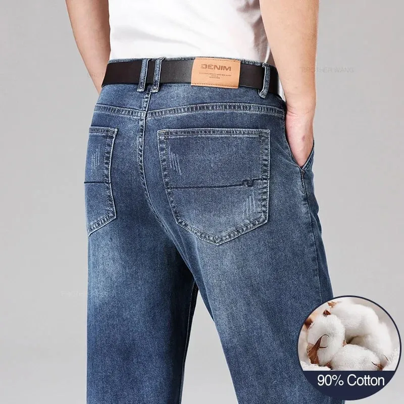 2026 Summer Men's Business Casual Thin Straight Jeans 90% Cotton Soft Stretch Fabric Baggy Denim Pants Male Brand Trousers