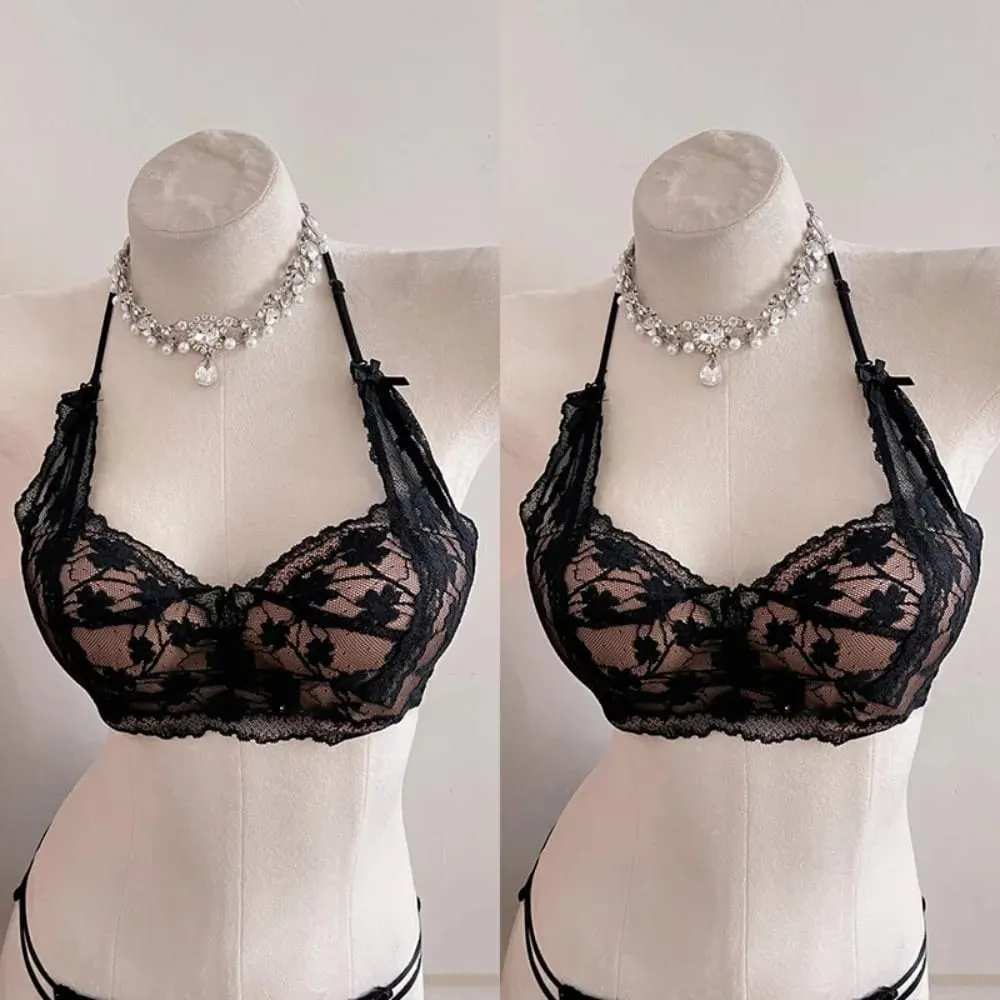 Sweet Halter Neck Bow Lace Wireless Bra Sujetador Push-up Acolchado Señoras Capas Lencería íntima para busto pequeño Tamaño 32-38 ABC