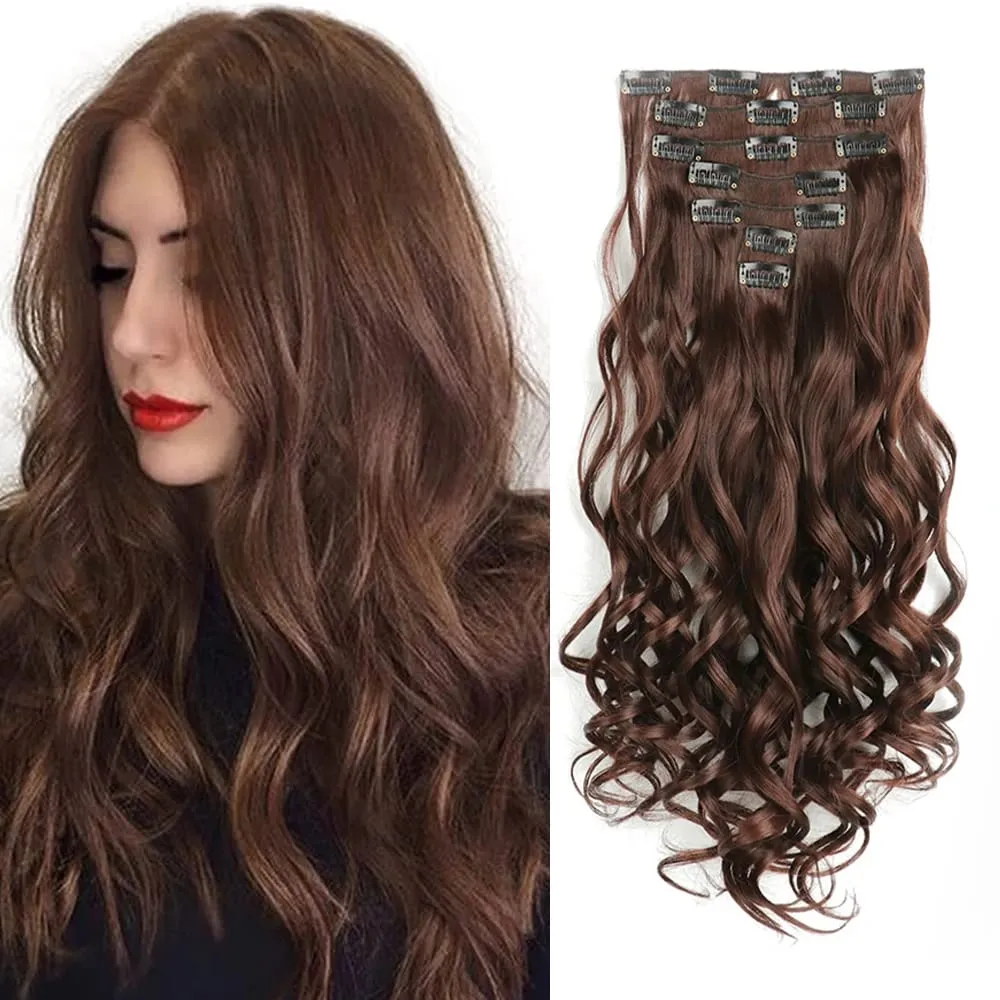 Synthetic 24Inch 16Clips Long Curly Hair Extension Heat Resistant Hair Extension Clips In Ombre Black Brown Blond Women