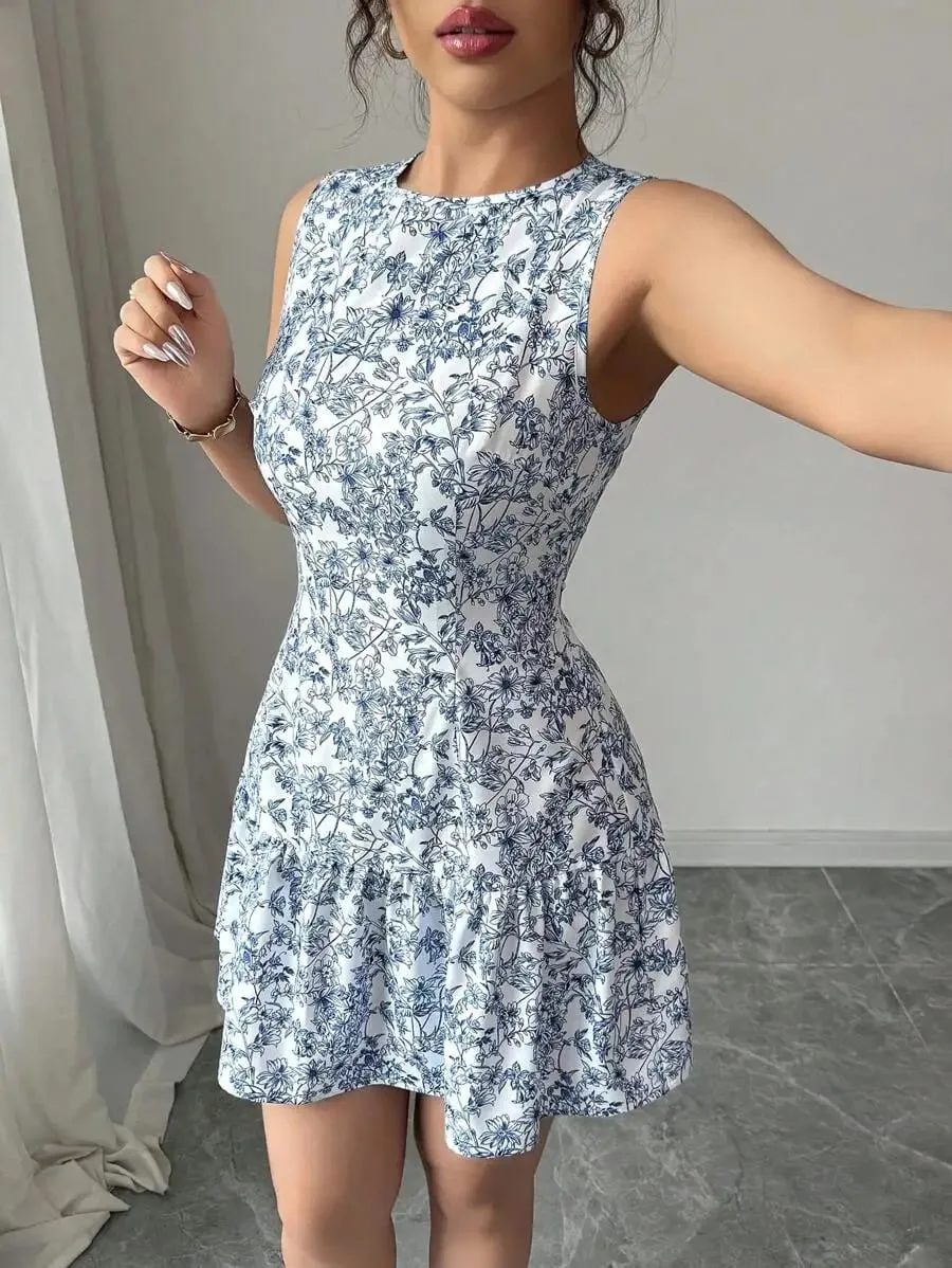 Spring/Summer Boho And French-Style Blue And White Floral Dress Sleeveless With A Round Neckline