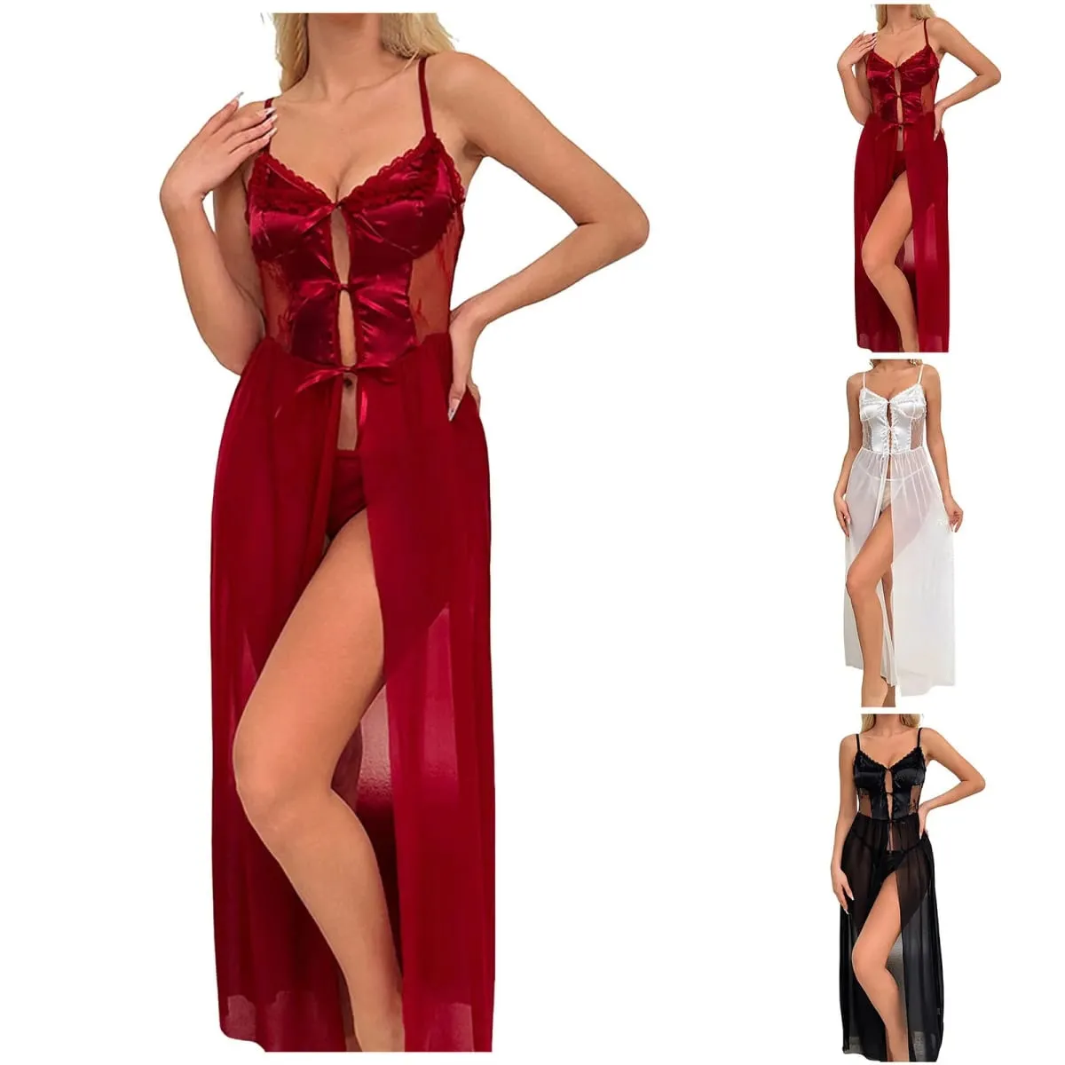 Women Sexy Red Lingerie Bodysuit See Through Mesh Suspender Lingerie Nightdress For Ladies Plus Size Lace Up Long Underwear Sets