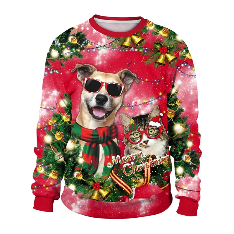 Funny 2026 Ugly Christmas Sweater For Men Women New Xmas Cat Dog Pattern Sweatshirt Festival Party Crew Neck Pullover Hoodies