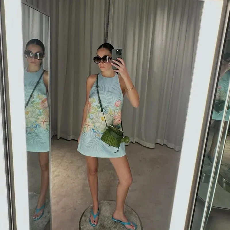 Bohemian Çiçek Baskı Boyundan Bağlamalı Mini Elbise Kadınlar Seksi Kolsuz Backless Kısa Etek Bayan Yaz Parti Tatil Beachwear