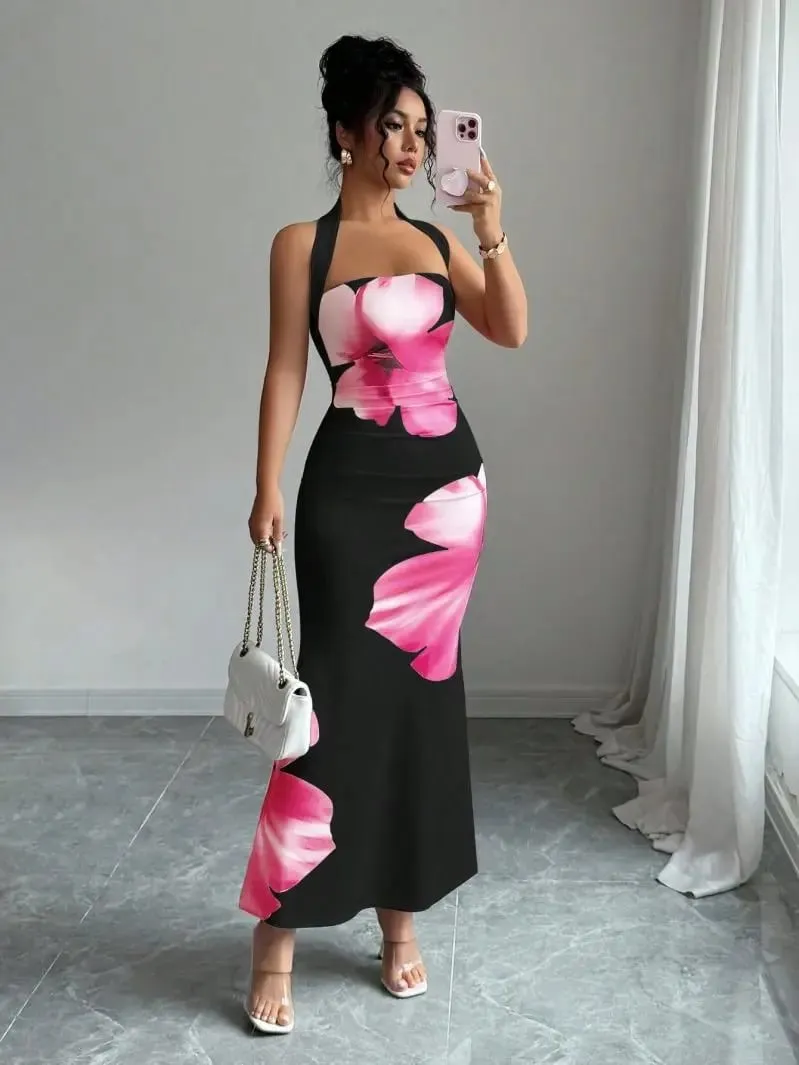 Slim Fit Hanging Neck Strapless Long Skirt Waist Cinching Elastic Hip Hugging Vacation Style Dress for Women