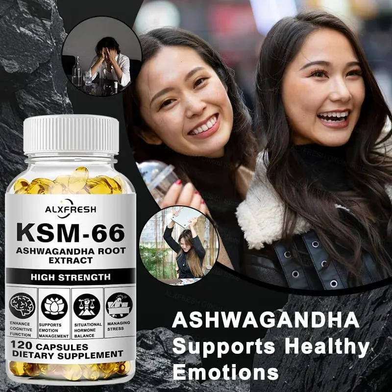 Natuurlijke organische Ashwagandha KSM-66 supplementencapsules voor stressverlichting Focus Hersenenergie Ondersteuning Slaapgezondheidssupplement