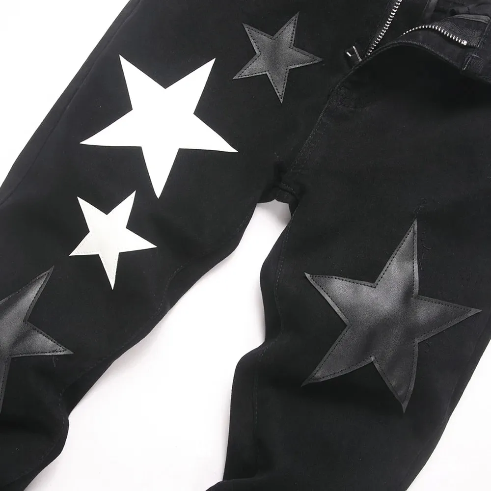 Men's Stars Patch Denim Jeans Streetwear Black Slim Bootcut Pants Punk Rivet Stretch Spandex Flared Trousers