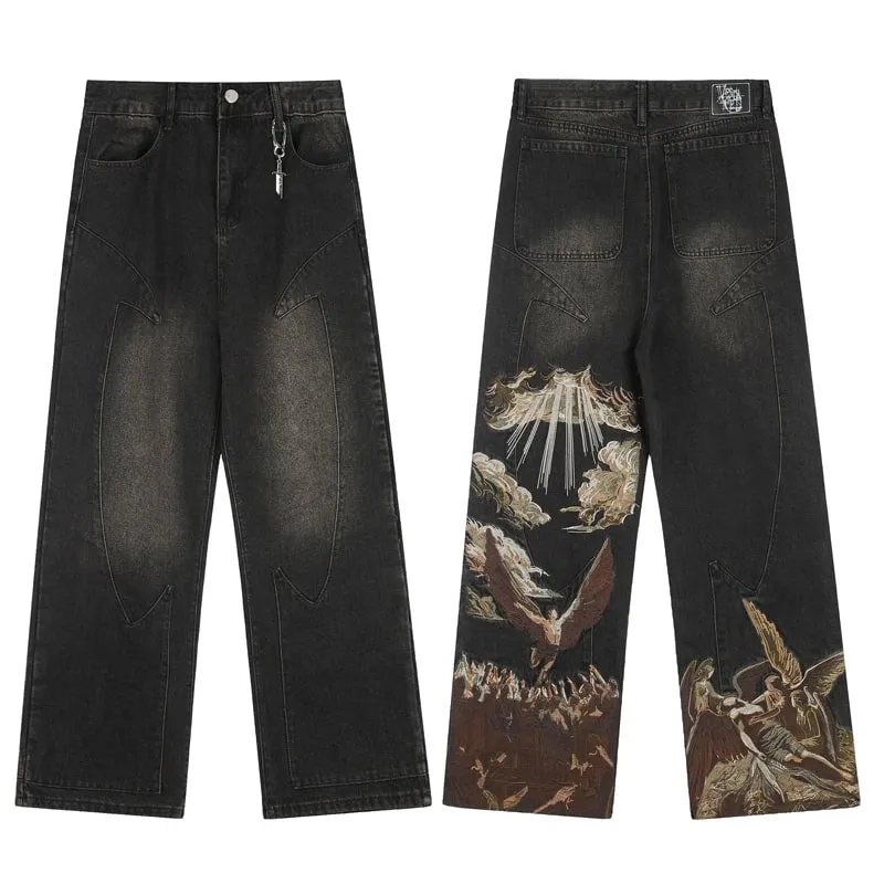 Blue Vescartes Cherry Blossom Knight Loose Straight Jeans High Quality Men Women Streetwear Fashion Denim Trousers Leather Label