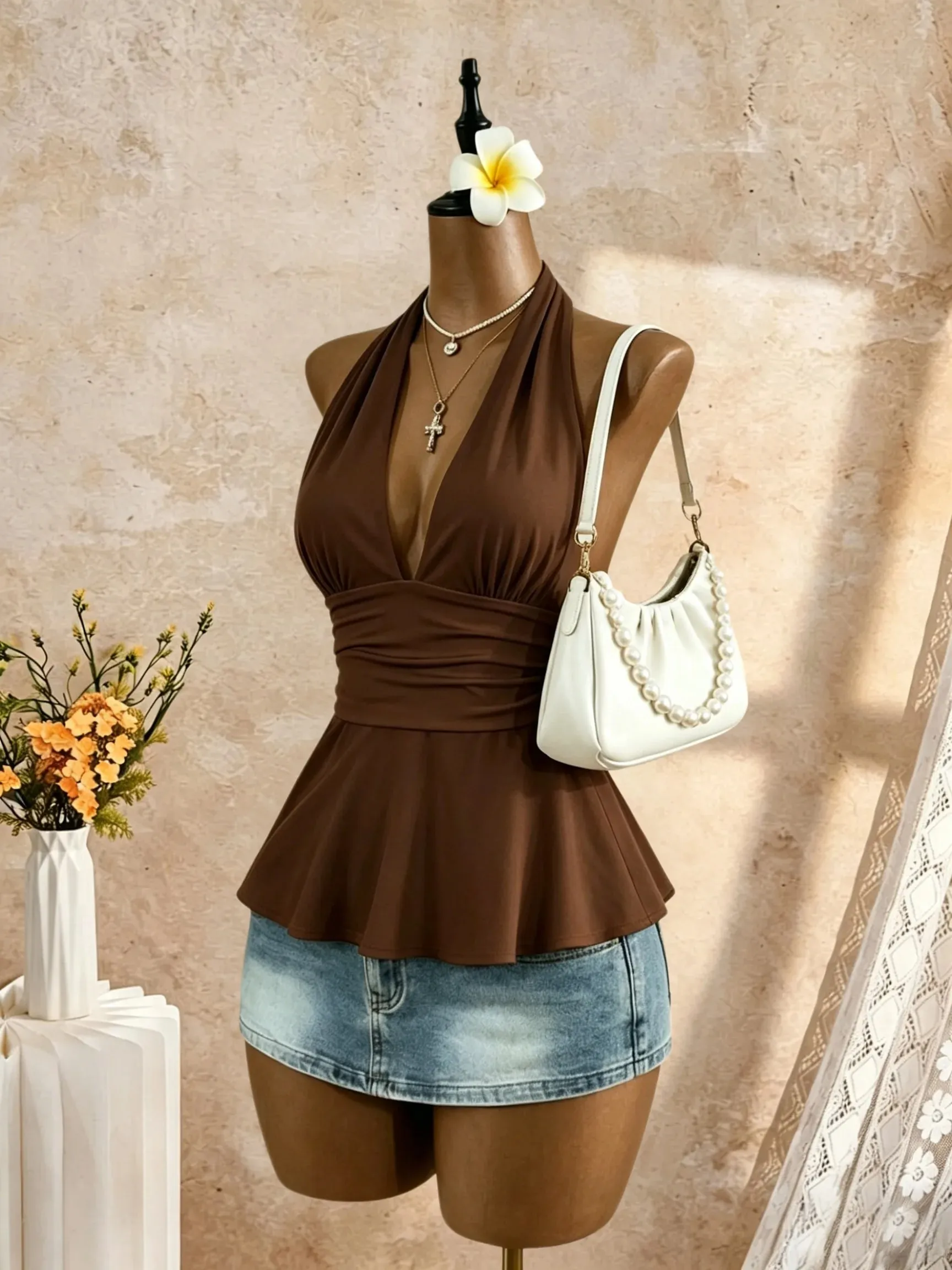 Women Halter Deep V Neck Sleeveless Peplum Tank Top Wrap Waist Ruched Flared Hem Slim Fit Y2K Cami Blouse