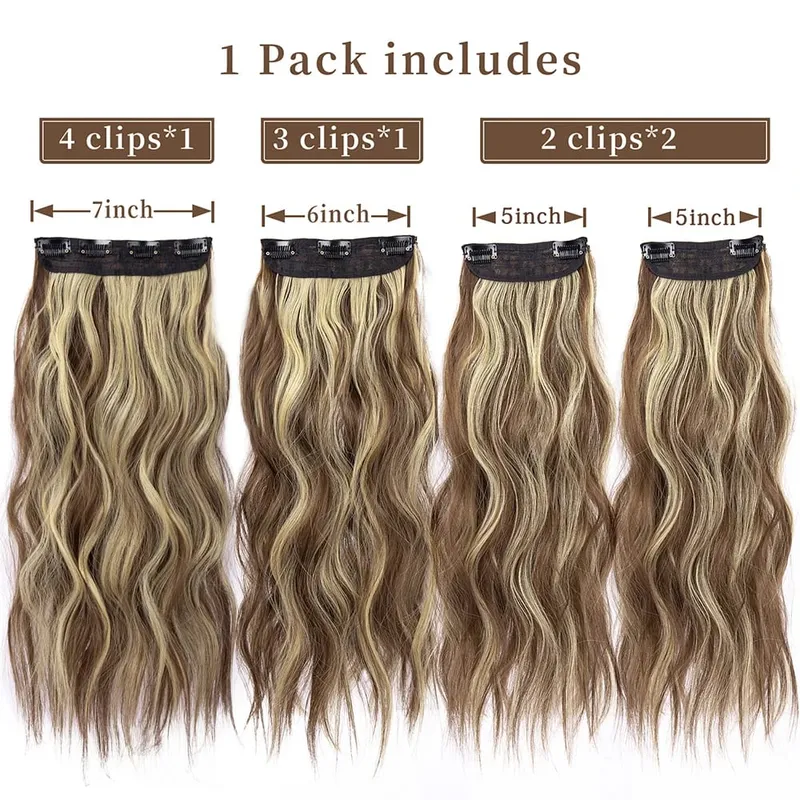Clipe sintético longo ondulado feminino de alta temperatura, extensão de cabelo sintético, 4 peças, clipe longo, macio, ondas glam, grosso