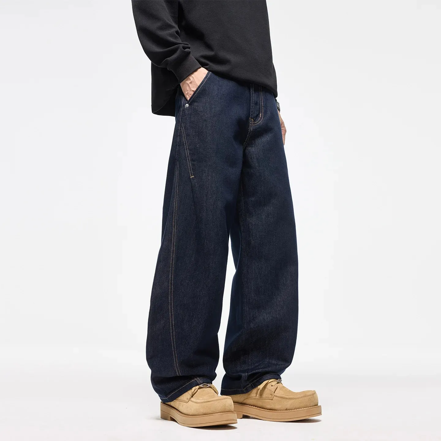 Autumn Winter 2026 New Fashion American Style Men's Dark Blue Solid Color Casual Trendy Simple Basic Wide Leg Loose Jeans Pants