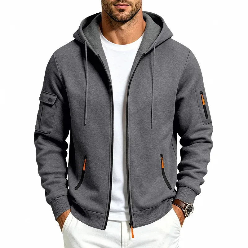 Men's Heavyweight Full Zip Hoodie Autumn Winter Casual Outdoor Hooded Sweatshirt Multi‑Pocket Drawstring Loose Fit Sports Jacket